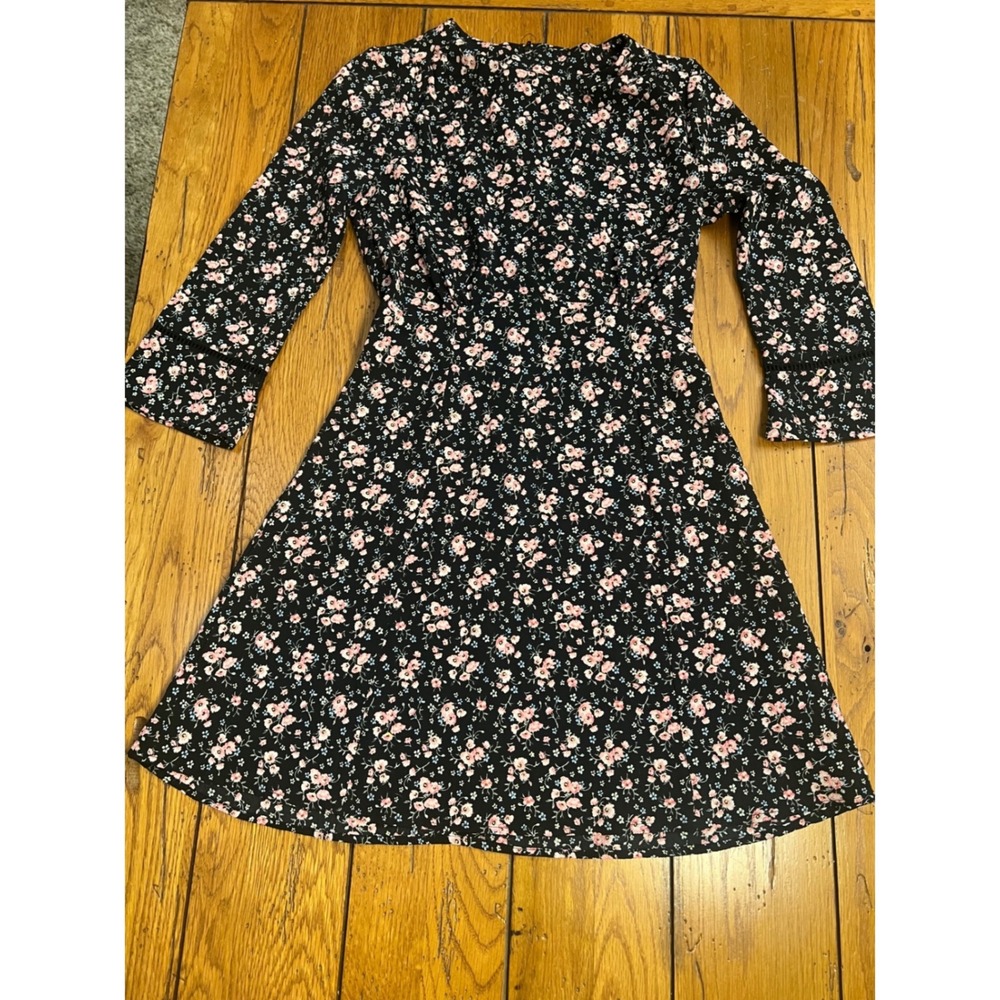 HM Divided Floral Mini Dress Black Pink Blue Long Sleeve Fit Flare Size 2